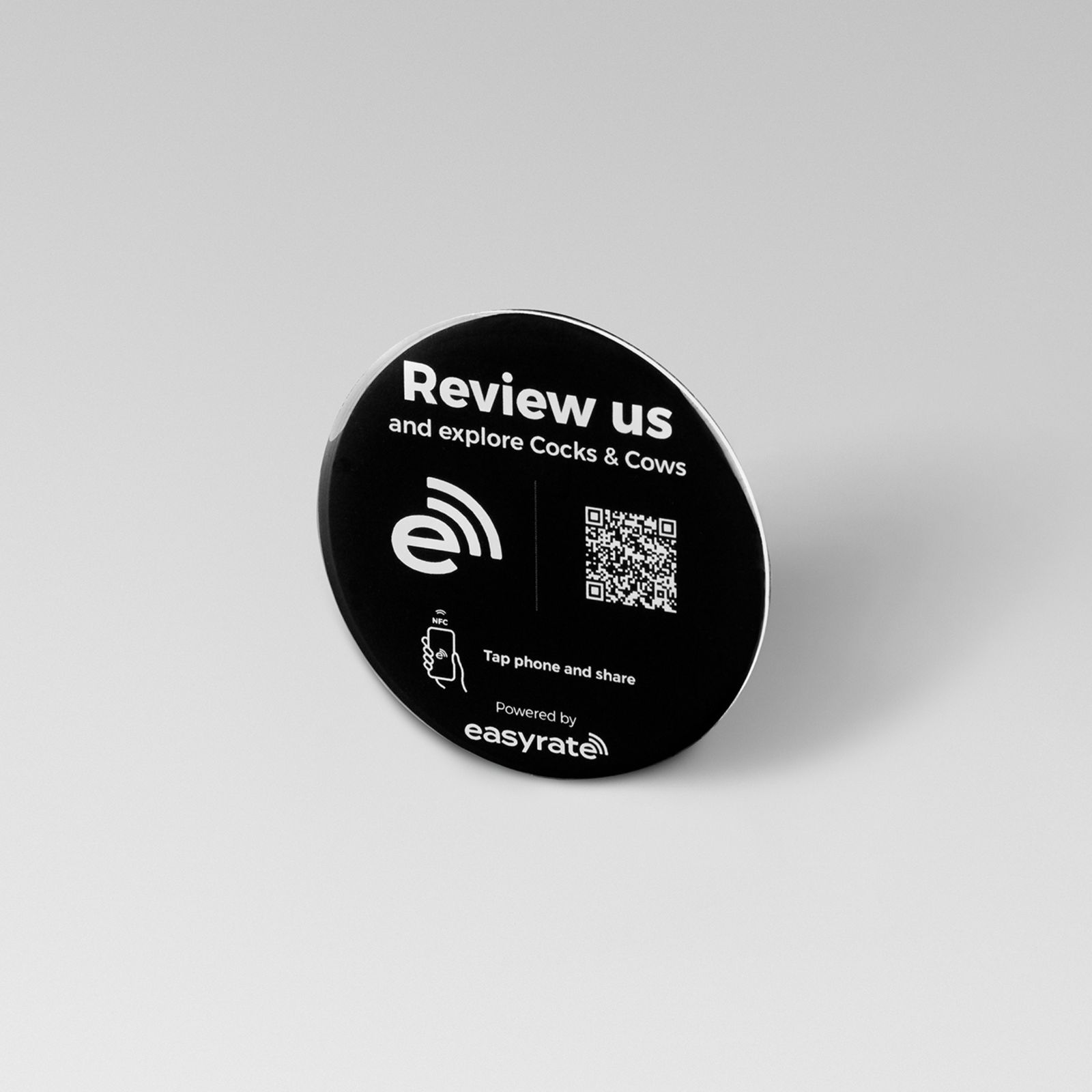Round black NFC stand for Cocks & Cows